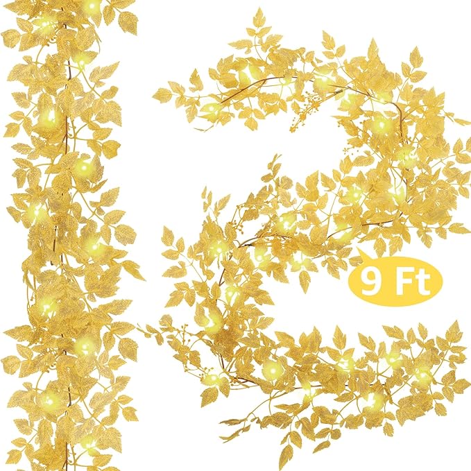 Neutral Fall Garland for Mantle Fireplace - 2 Pack 6Ft Plum Cimicifuga Seeded Leaf Garlands Yellow Autumn Décor Table Decorations for Home Indoor Door Halloween Realistic Leaves Garlands Outdoor