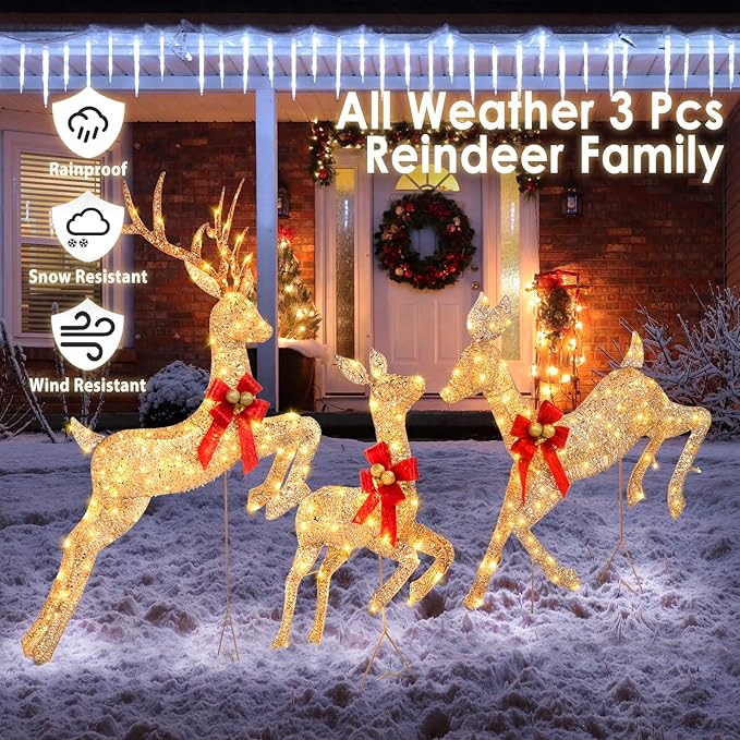 NALONE Large 3 Pieces Lighted Reindeer Family Set, 3D Christmas Deer Decoration with 210 Warm White LED Lights, 4.7 FT Pre-lit Xmas Decor Outdoor Yard with Stakes, Bow Ties, Mat
