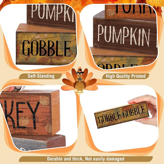 4 Pcs Thanksgiving Decorations for Home Wooden Turkey Decor Fall Tiered Tray Decor Thanksgiving Table Centerpiece Rustic Wooden Turkey Block Sign for Autumn Harvest Party Kitchen Shelf