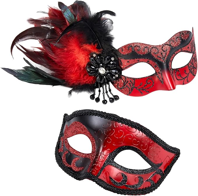 2025 New Masquerade Mask with Feather for Couples - Women's Masquerade Mask with Feather & Men Venetian Costume Mask