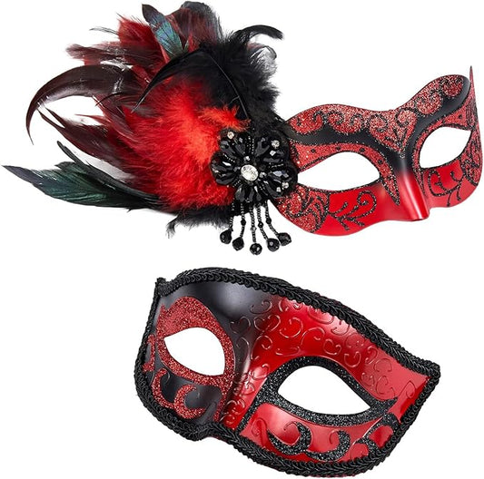2025 New Masquerade Mask with Feather for Couples - Women's Masquerade Mask with Feather & Men Venetian Costume Mask