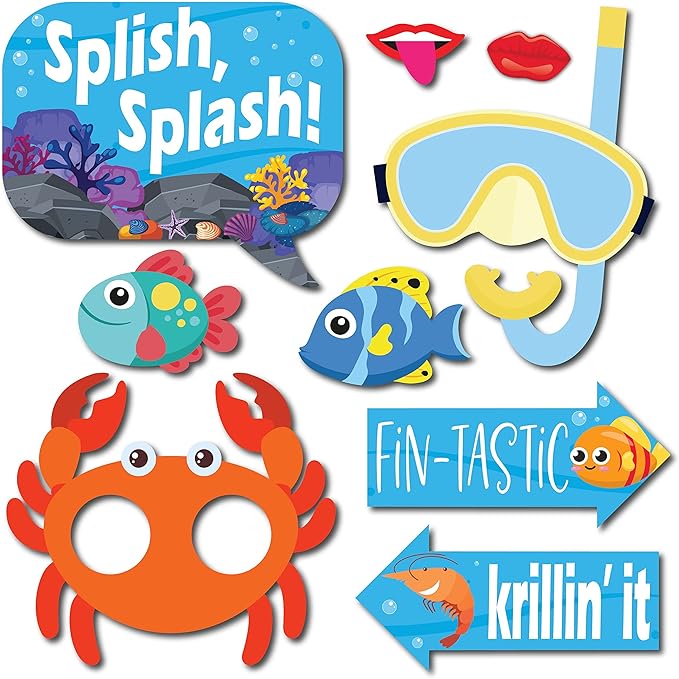 Under The Sea Photo Booth Props - 41-pc Photobooth Kit with 8 x 10-Inch Sign, 60 Adhesive Pads, 45 Sticks - Under The Sea Decorations - Under The Sea Party Decorations