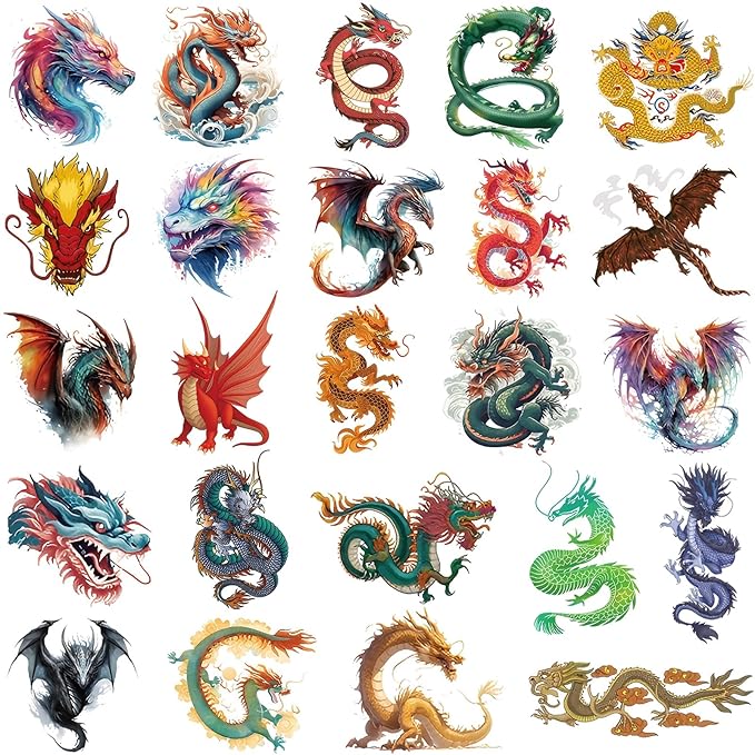 60 Pcs Dragon Temporary Tattoos for Boys Kids, 10 Sheets Dragon Tattoos for Boys Children Birthday Party Supplies Gifts Decoration