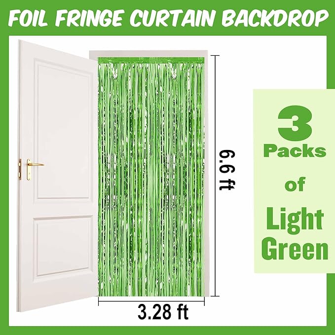 3 Pack Light Green Foil Fringe Curtains Backdrop, 3.28 x 6.6 Ft Metallic Streamers Tinsel Curtains Background for Photo Booth, Birthday, Halloween, Christmas, Thanksgiving, New Year Party Decorations
