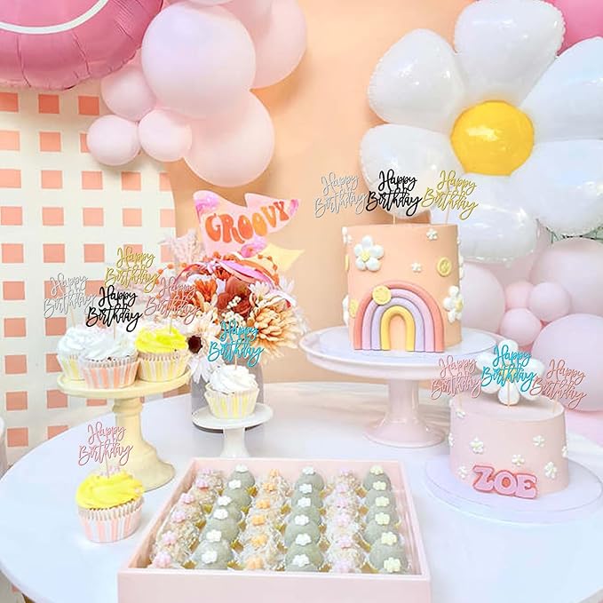 24 PCS Glitter Cupcake Toppers - Happy Birthday & Anniversary Picks - Multi 6 Colors