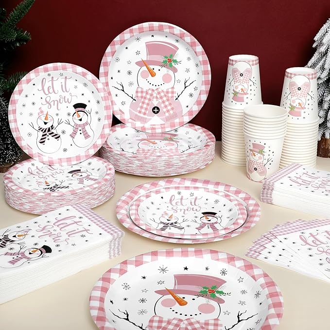 250 Pcs Christmas Snowman Paper Plates and Napkins Party Supplies Pink White Buffalo Plaid Winter Disposable Tableware Set for Christmas Winter Holiday Xmas Party Decoration