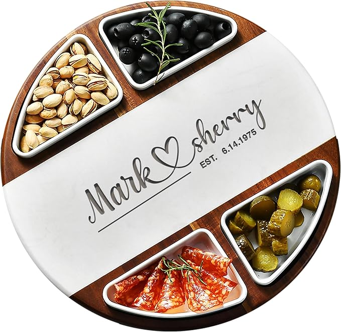 Shanik Acacia Wood Lazy Susan Cheese Board Set – Rotating Charcuterie Platter with 4 Ceramic Bowls & Knives, Round Serving Tray for Weddings & Parties