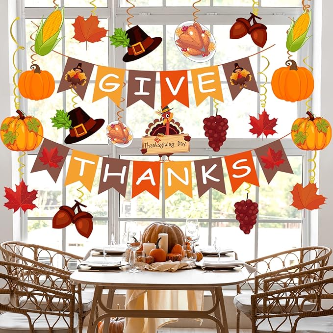 42Pcs Thanksgiving Decorations Pre-Assembled GIVE THANKS Banner Hanging Swirls for Indoor Home Party Office Classroom School Fall Decor