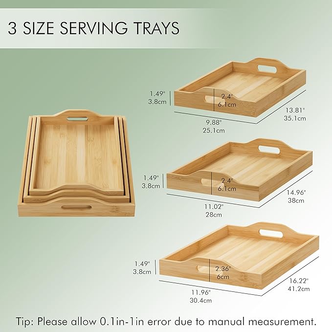 3 Pack Serving Tray with Handles, 3 Sizes Nestable Rectangular Tray Easy Carrying Serving Trays, Durable Bamboo Trays for Serving Food, Party, Kitchen, Organizing, Decorating