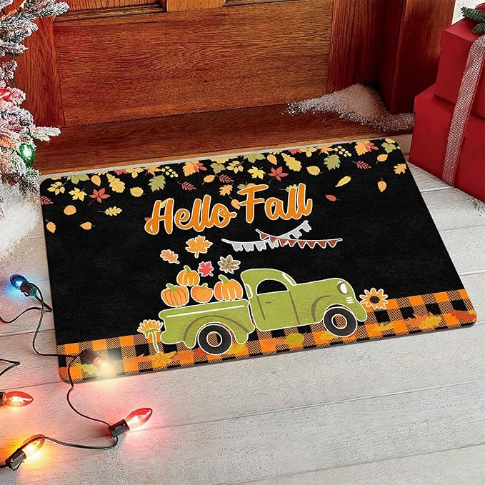 Fall-Happy-Thanksgiving Door Mat Fall Truck Maple Leaves Welcome Doormat, Seasonal Harvest Thanksgiving Vintage Rustic Low-Profile Floor Switch Mat for Indoor Outdoor, 30"x18"inch, 30"x18"inch