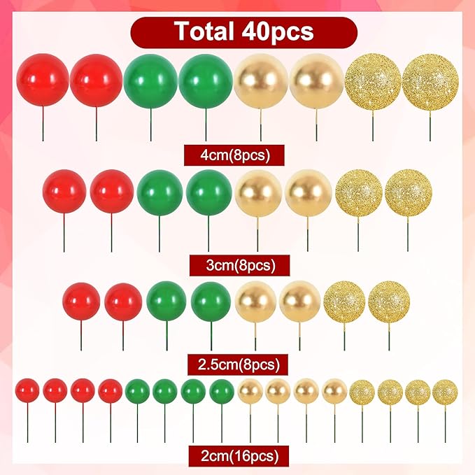 BEISHIDA 40 Pcs Ball Cake Toppers Mini Balls Cake Decorations Red Green Gold Silver Sticks Foam Balls DIY Cake Topper Insert Balls Cake Decorations for Baking Christmas Party Decorations