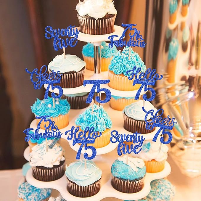 30PCS Happy 75th Birthday Cupcake Toppers Glitter Hello 75 Fabulous Seventy Five Cheers to 75 Years Old Birthday Cupcake Picks for Happy 75th Birthday Anniversary Party Cake Decor Supplies Blue