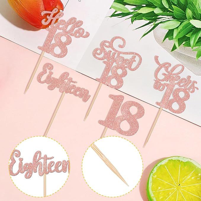 30PCS Happy 18th Birthday Cupcake Toppers Glitter Eighten Sweet 18 Hello 18 Cupcake Picks Cheers to 18 Birthday Decorations for 18th Birthday Anniversary Party Cake Decoration Supplies Rose Gold