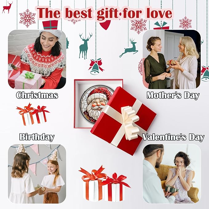 Stained Glass Window Hanging - Red White Santa Claus Suncatcher for Doors Home Christmas Decoration Winter Sun Catcher Thanksgiving New Year Birthday Gifts for Women Men Mom Nana Girl 6.3 in