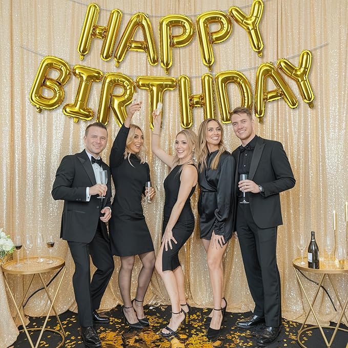 Gold Happy Birthday Mylar Foil Balloon Banner, 16 Inch Letter Balloons Bunting for Women, Men, Girls, Boys Birthday Party Decorations