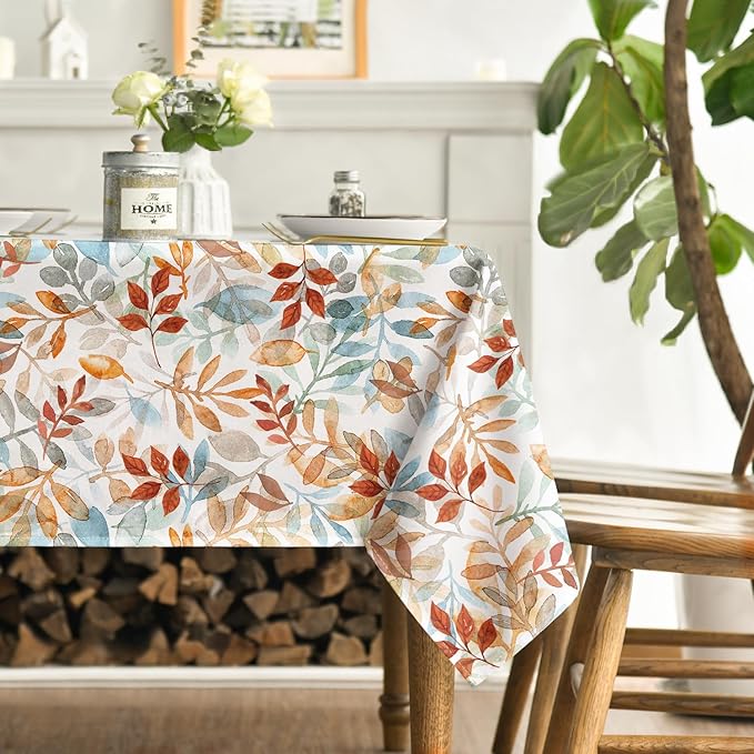 Horaldaily Fall Tablecloth 60x60 Inch, Thanksgiving Autumn Harvest Orange Blue Watercolor Leaf Table Cover for Party Picnic Dinner Decor