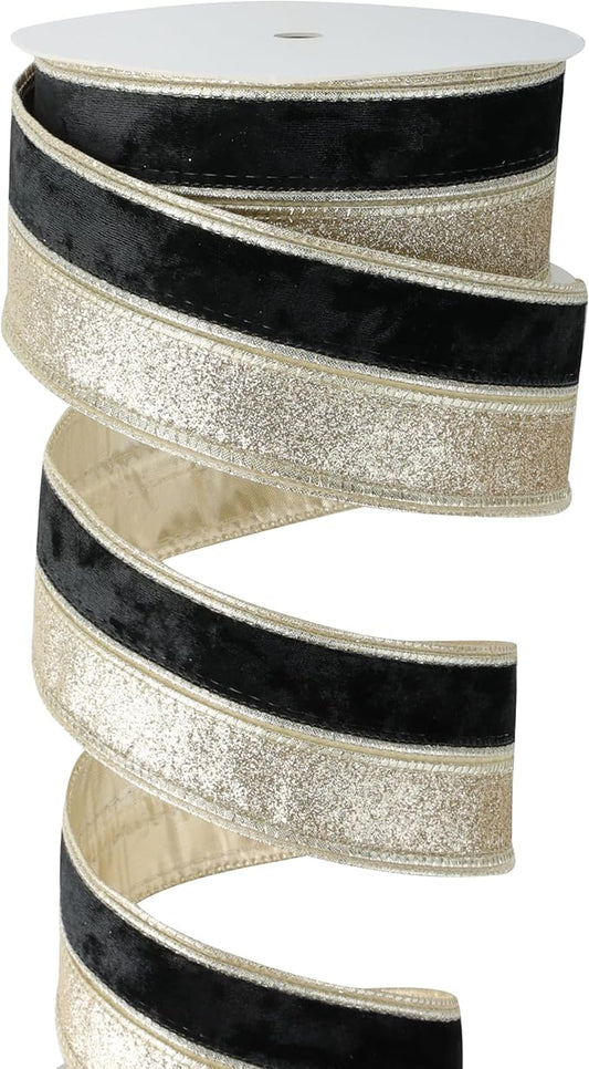 Black Velvet Wired Christmas Ribbon 2.5 Inch Black and Gold Glitter Holiday Ribbon – 10-Yards Roll for Tree Decorations, Gift Wrapping, Wreaths, and DIY Crafts