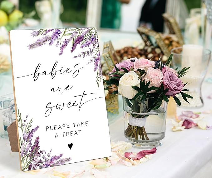 Babies Are Sweet Sign, Lavender Baby Shower Table Signs, Centerpieces for Tables, Gender Reveal Gifts Ideas, Purple Floral Wooden Sign with Stand for Gender Reveal Party and Baby Shower Activities, 38