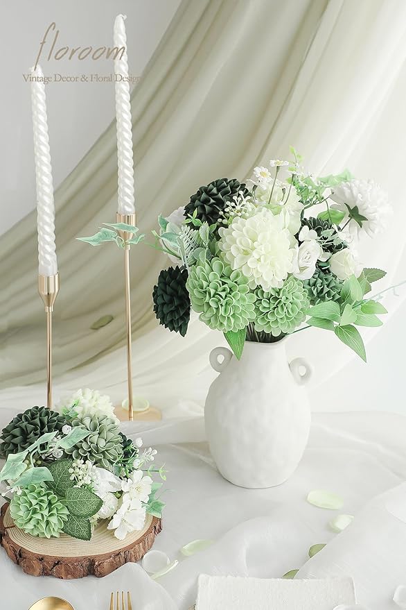 Floroom Artificial Dahlia Flowers 25pcs Real Looking Forest Green Shades Foam Fake Roses with Stems for DIY Wedding Bouquets Bridal Shower Centerpieces Sage Green Floral Arrangements Tables Decoration