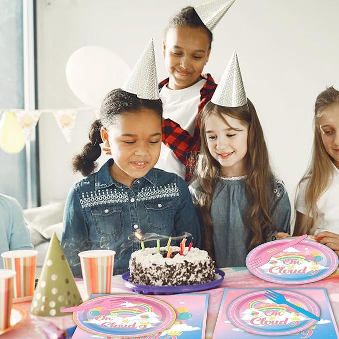 96PCS On Cloud 9 Plates and Napkins Party Supplies On Cloud 9 Birthday Decorations for Girls 9th Birthday Cloud 9 Themed Disposable Tableware Set Serve 24 Guests