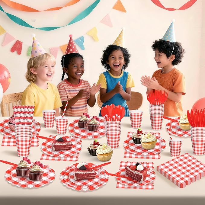 192 PCS Gingham Party Supplies Serve 24 Guests Gingham Plates and Napkins and Cups for Birthday Decorations Baby Shower Checkered Party Dinnerware Sets for Girl Boy Light Red Christmas