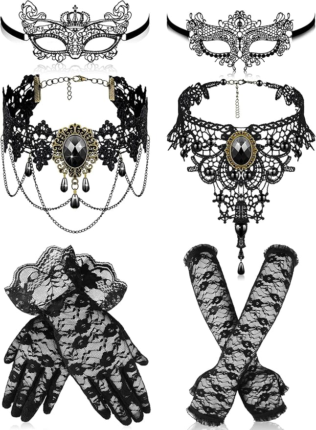 Newcotte 6 Pcs Masquerade Mask for Women Lace Mask Choker Necklace Glove for Christmas Halloween Venetian Party 80s 90s