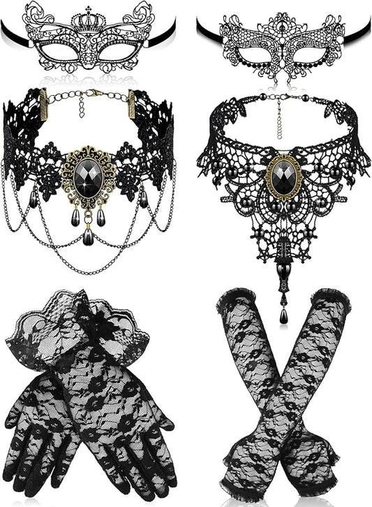 Newcotte 6 Pcs Masquerade Mask for Women Lace Mask Choker Necklace Glove for Christmas Halloween Venetian Party 80s 90s