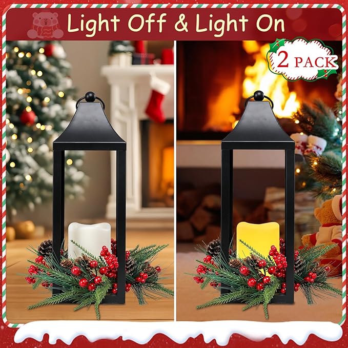 Christmas Lanterns Decorative Indoor, 2 Pack Christmas Lantern Outdoor, 16 Inch Decorative Candle Lanterns Flameless Light with Pine Cones and Berries for Table Centerpieces,Home, Porch Decor