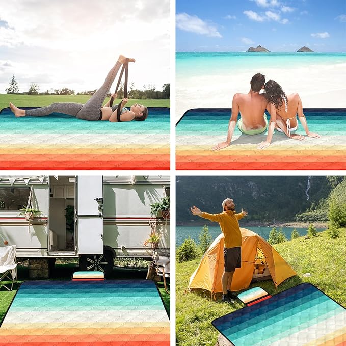 Waterproof Picnic Blankets,79''x79'' Extra Large Foldable Sandproof Beach Blanket,Portable 3-Layer Polyester Outdoor Picnic Blanket for Grass Lawn,Beach,Family Camping,Park,Travel-Rainbow Stripe