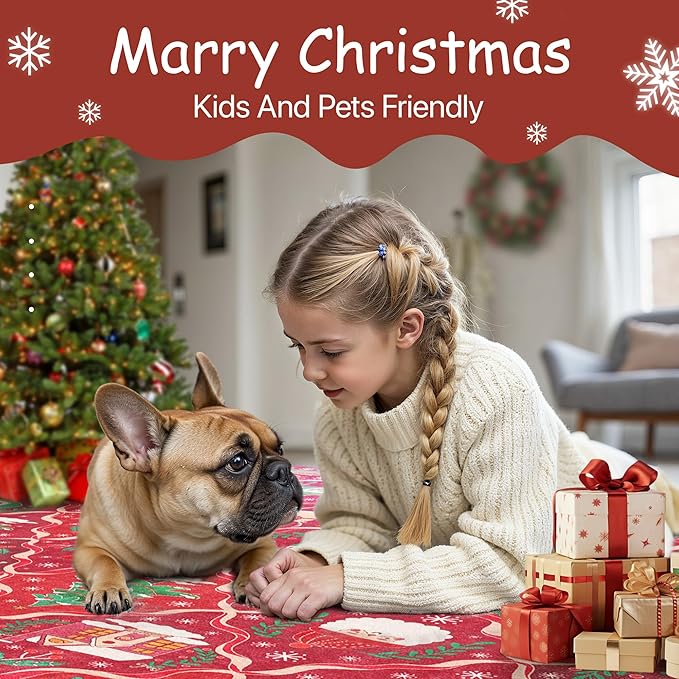 Christmas Runner Rug 2x6 Washable Rug for Hallway Kitchen Bedroom, Christmas Home Decor, Holiday Print Carpet, Low Pile Mat with Non Slip Backing, Red Christmas Tale Pattern