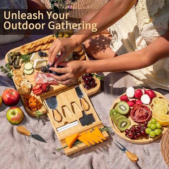 YZS Bamboo Charcuterie Boards Set -Unique Cheese Board with Accessories - Perfect for Housewarming, Weddings, Bridal Showers, Birthday Gifts, Parties, Eco-Friendly & Elegant Design