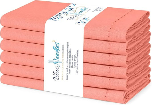 Blue Needles Set of 6 Hemstitch Linen Napkins 100% Cotton Salmon Cloth Dinner Napkins 18x18 inches, Soft, Reusable, Absorbent, Washable, Ideal for Fall Thanksgiving Events, Parties & Everyday Use