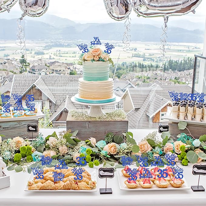 30PCS Happy 35th Birthday Cupcake Toppers Glitter Hello 35 Fabulous Thirty Five Cheers to 35 Years Old Birthday Cupcake Picks for Happy 35th Birthday Anniversary Party Cake Decor Supplies Blue