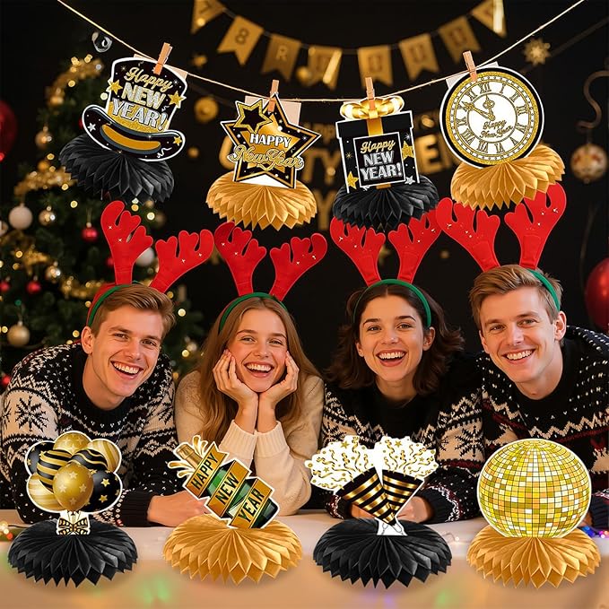8 Pieces New Years Centerpieces, Gold and Black NYE Party Table Centerpieces for New Years Eve Party Supplies 2026