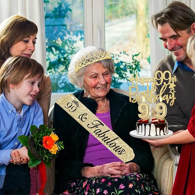 99th Birthday Decorations for Women Gold with 99th Birthday Sash and Tiara, Cake Topper and Candles, Number Balloons, 99 Year Old Gifts for Women