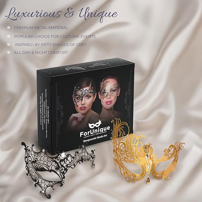 Masquerade Mask for Couples Women and Men - 3 Pack Venetian Gold and Black Lace, Mardi Gras Mask
