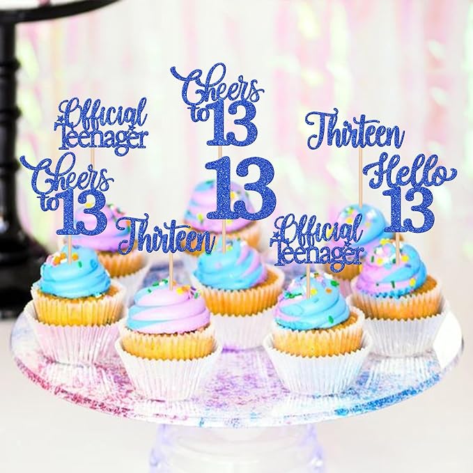30PCS Happy 13th Birthday Cupcake Toppers Glitter Thirteen Official Teenager Hello 13 Cupcake Picks Cheers to 13 Birthday Decorations for 13th Birthday Anniversary Party Cake Decor Supplies Blue