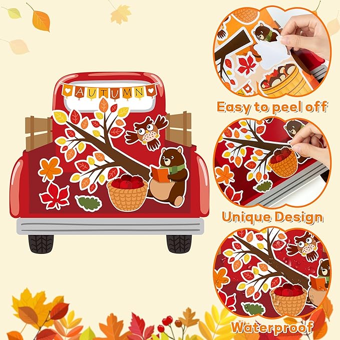 CY2SIDE Fall Truck Stickers Scene - 12PCS Hello Autumn Stickers Scene for Kids Make A Truck Sticker Scene with Pumpkin Maple Make Your Own Fall Truck Art Craft DIY Fall Party Games Class Activities