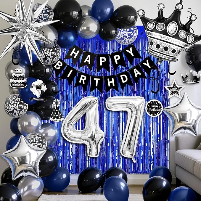 47th Birthday Decorations for Men and Women, Black Blue Silver Happy Birthday Number 47 Balloons, Banner, Fringe Curtains Garland Kit - 47 Year Old Party Supplies