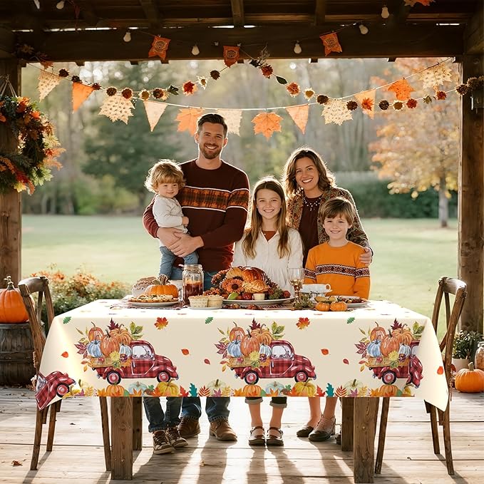 3Pcs Fall Pumpkin Truck Tablecloth, 54 x 108 Inch Thanksgiving Harvest Plastic Table Cover, Disposable Autumn Maple Leaf Table Cloth for Farmhouse Thanksgiving Fall Party Decorations