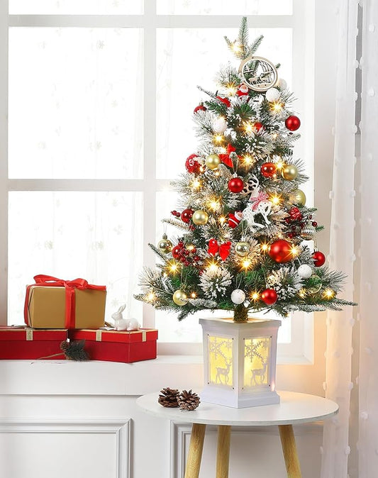 3 ft Mini Christmas Tree with Premium 78 Warm White Led, 8 Mode Xmas Pine Tree for Christmas Decoration, Party Decoration, Home, Office, Snow Flocked White Moose Base 1 Pack