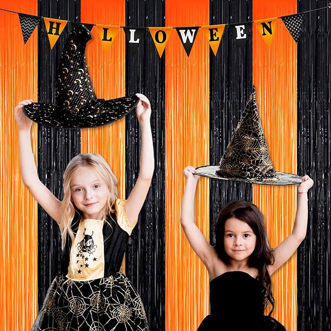 3 Pack Black Orange Foil Fringe Curtains Backdrop, 3.28 x 8.2 Ft Metallic Streamers Tinsel Curtains Background for Photo Booth, Birthday, Christmas, Halloween, New Year Party Decorations