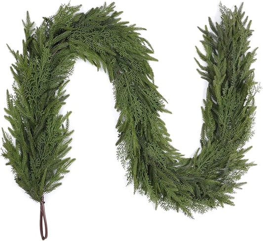 9FT Christmas Garland for Decoration Home Indoor Outdoor, Realistic Christmas Pine Garland Artificial Real Touch Greenery Cedar Garland Mantel Window Table Wall Holiday Thanksgiving Winter Décor