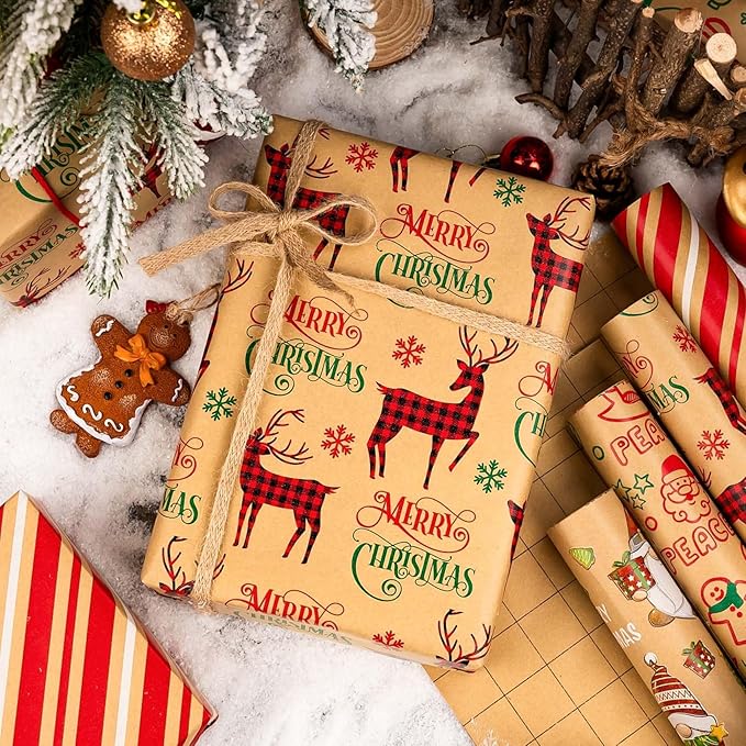 MAYPLUSS Christmas Wrapping Paper Jumbo Rolls - 30IN X 120IN - 4 Roll - Kraft Merry Christmas Reindeer Gnome Stripe for New Year Holiday Party Kids