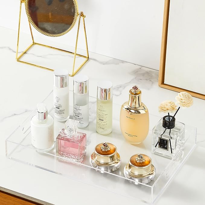 Clear Sturdy Acrylic Serving Tray with Handles 10x15x2H Inches -Spill Proof- Decorative Trays Countertop Organizer for Ottoman Coffee Table Nightstand, sidetable, Breakfast, Tea, Food