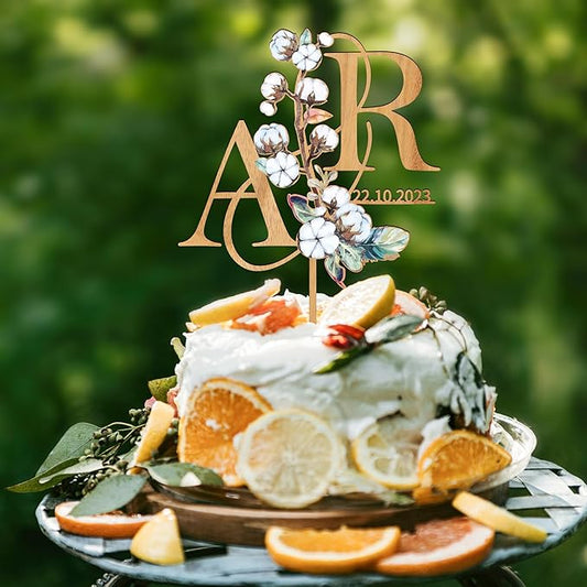 Personalized Autumn Wedding Cake Topper in Wood Custom Bride and Groom Initial Cake Topper Wedding Date Cake Decoration (Cotton)