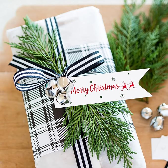 G2PLUS Small Merry Christmas Tags - 100Pcs Deer Xmas Present Tags, 2.8''x0.8'' White Paper Gift Tag with String for Gift Wrapping, Goodies Bags, Christmas Holiday Party Favors