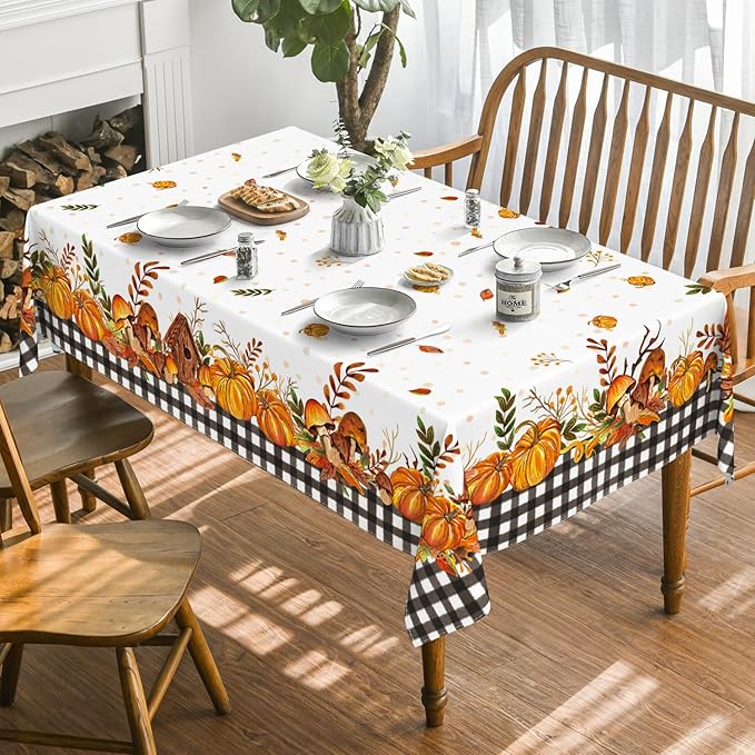 Horaldaily Fall Tablecloth 60x104 Inch Rectangular, Thanksgiving Autumn Harvest Pumpkin Mushroom Black Buffalo Plaid Table Cover for Party Picnic Dinner Decor
