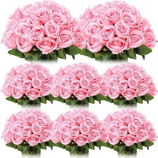 Hotop 80 Pcs Rose Artificial Flowers Bulk with Long Stem, Silk Roses Realistic Fake Flowers Bouquet for Wedding Table Centerpieces Bridal Shower Party Home Decorations(Pink)