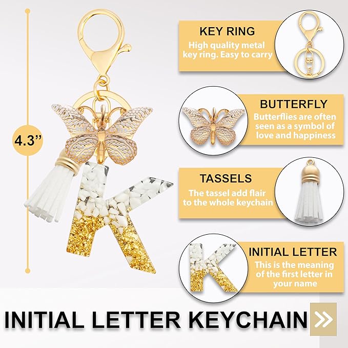 Initial Letter Keychain, Butterfly Keychain Cute Resin, Initial Keychain Backpack Charms, Key chain for Women, Girls